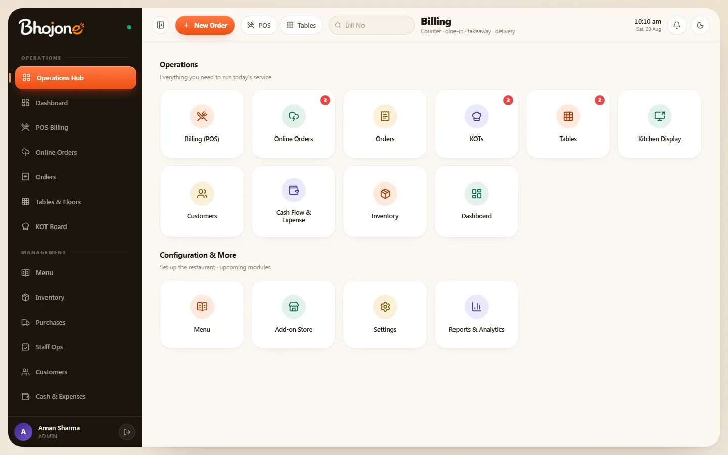 Bhojone Operations Hub with tiles for billing, online orders, KOTs, tables, kitchen display, inventory and the add‑on store