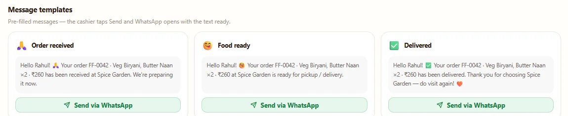 Bhojone WhatsApp message templates for order received, food ready and delivered, each with a Send via WhatsApp button