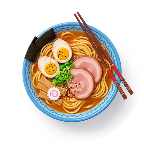 A bowl of ramen noodles with egg and chopsticks