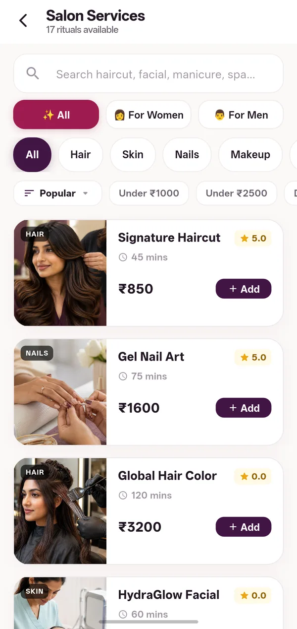 Salon services list in a salon's booking app, with prices, durations and Add buttons