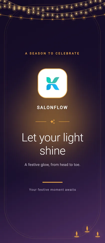Diwali welcome screen in a salon's app, with string lights and the greeting Let your light shine