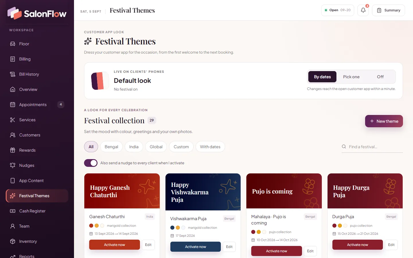 SalonFlow Festival Themes page with By dates, Pick one and Off switches, filters and festival cards such as Ganesh Chaturthi and Durga Puja