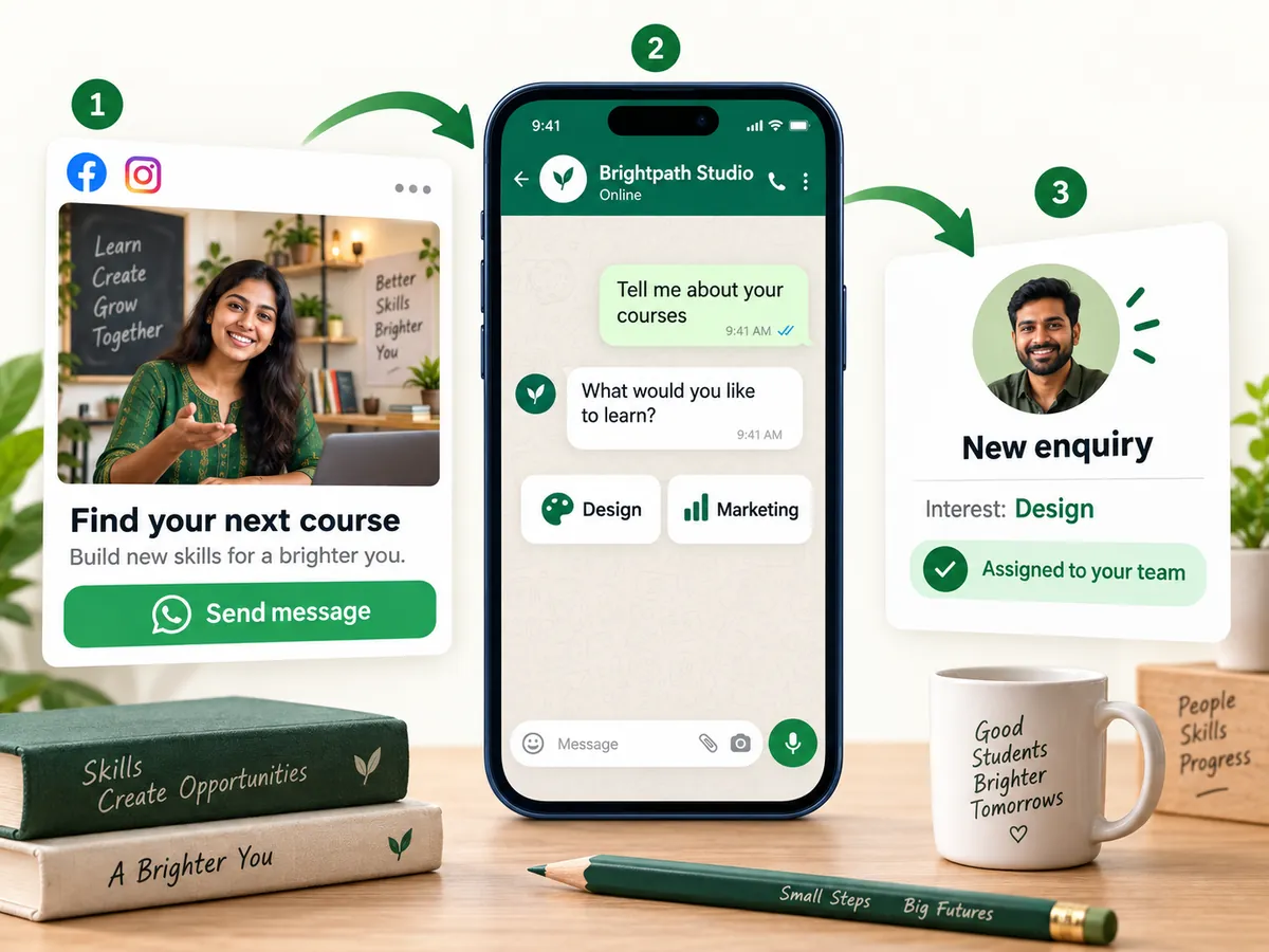 Illustration: a Facebook and Instagram ad with a Send message button opens a WhatsApp chat that asks what the person wants to learn, then a New enquiry card is assigned to the team