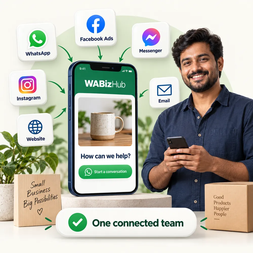 Illustration: WhatsApp, Facebook ads, Messenger, Instagram, website and email all flowing into one WABizHub inbox on a phone, next to a smiling shop owner