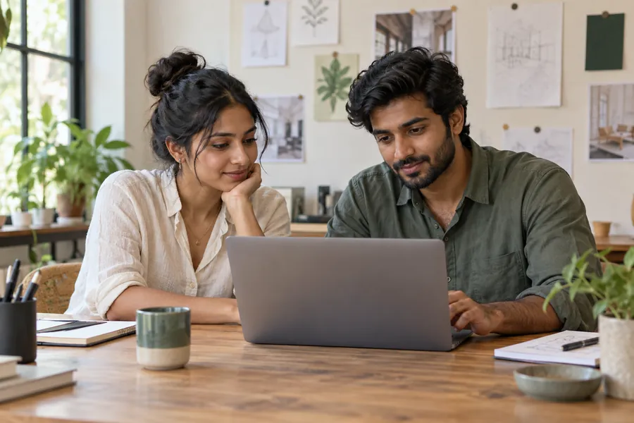 Two agency colleagues looking at a laptop together in a bright studio office
