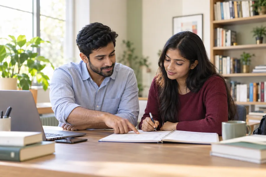 A tutor helping a student with her notebook at a desk in a bright study room