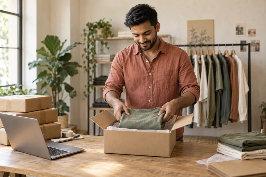 An online seller packing a folded shirt into a parcel, with a laptop and boxes on his table